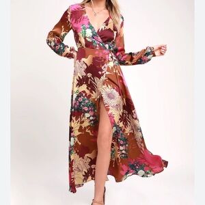 Lulus Put a Smile on Burgundy Floral Print Wrap Dress